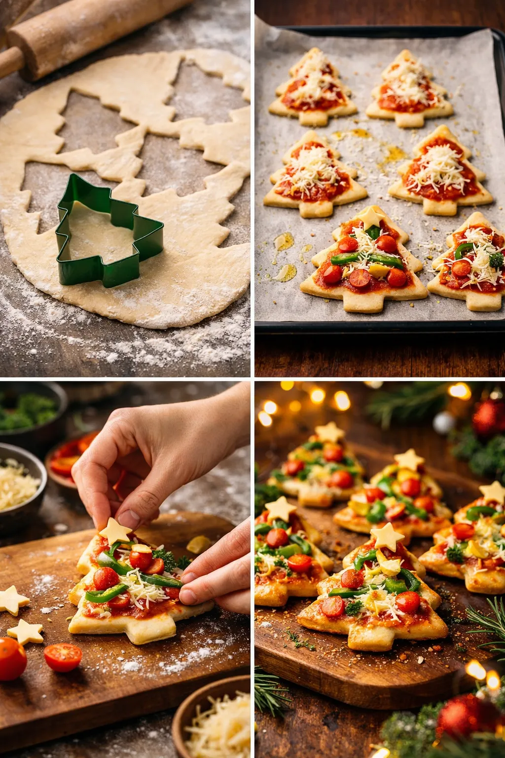 Step-by-step collage showing dough cutting, decorating, and baking Christmas tree mini pizzas until golden and bubbly.