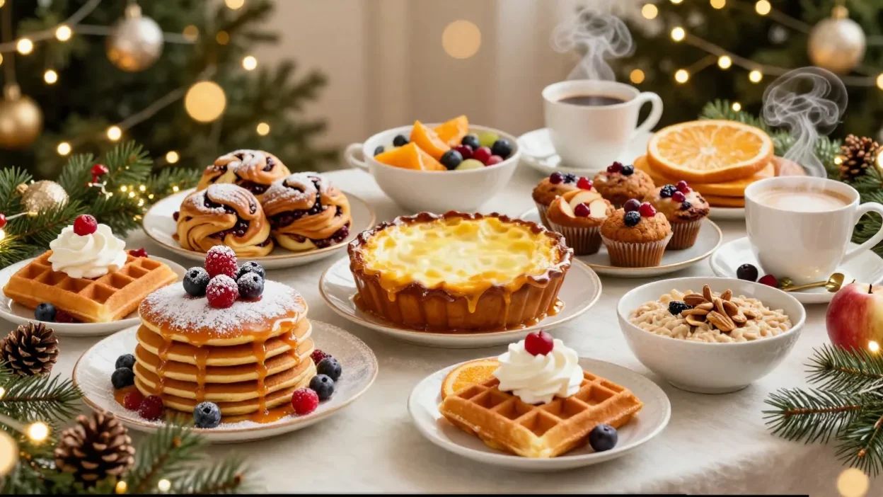 Festive Christmas breakfast table with pancakes, cinnamon rolls, candles, and glowing holiday lights in a warm cozy atmosphere.