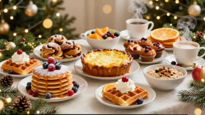 Festive Christmas breakfast table with pancakes, cinnamon rolls, candles, and glowing holiday lights in a warm cozy atmosphere.