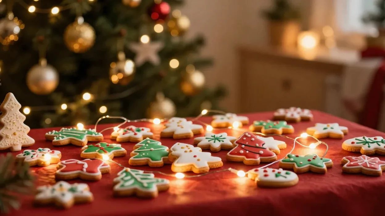 Festive Christmas scene with decorated cookies, glowing lights, and a softly lit Christmas tree in the background.