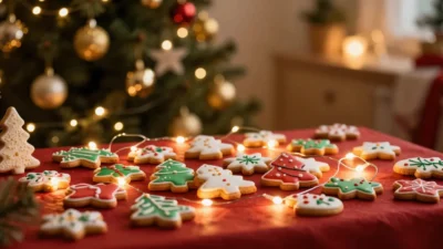 Festive Christmas scene with decorated cookies, glowing lights, and a softly lit Christmas tree in the background.