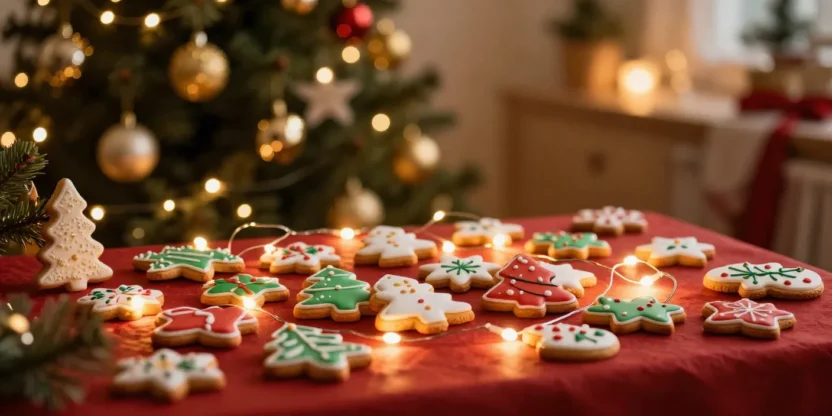 Festive Christmas scene with decorated cookies, glowing lights, and a softly lit Christmas tree in the background.