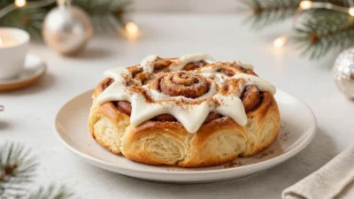 Festive star-shaped cinnamon roll with cinnamon sugar and frosting, styled in a warm holiday setting with soft lights and seasonal decor.