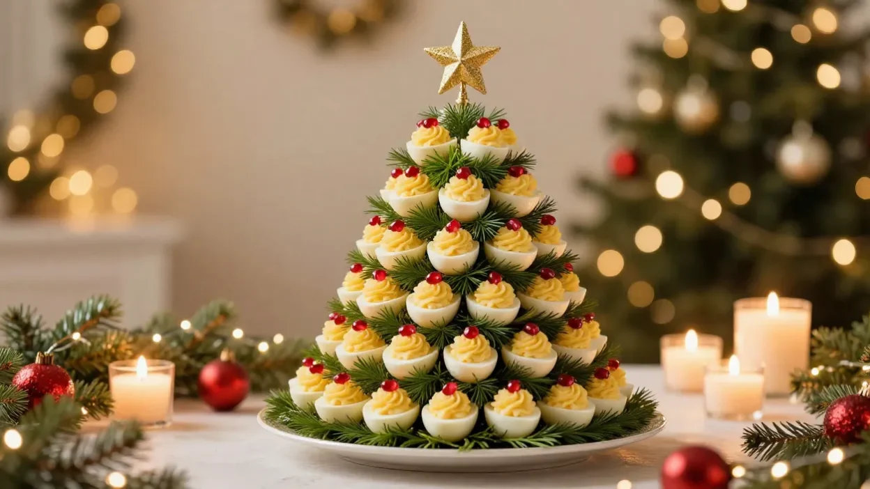 Festive deviled egg Christmas tree centerpiece with candles and holiday lights.