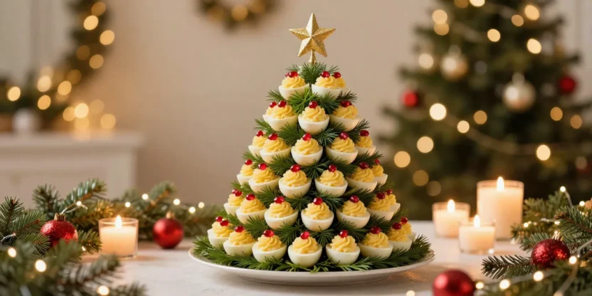 Festive deviled egg Christmas tree centerpiece with candles and holiday lights.