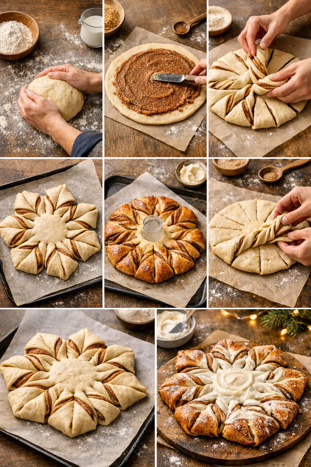 Step-by-step collage showing the process of making a star-shaped cinnamon roll, from kneading dough to shaping and frosting the finished bread.