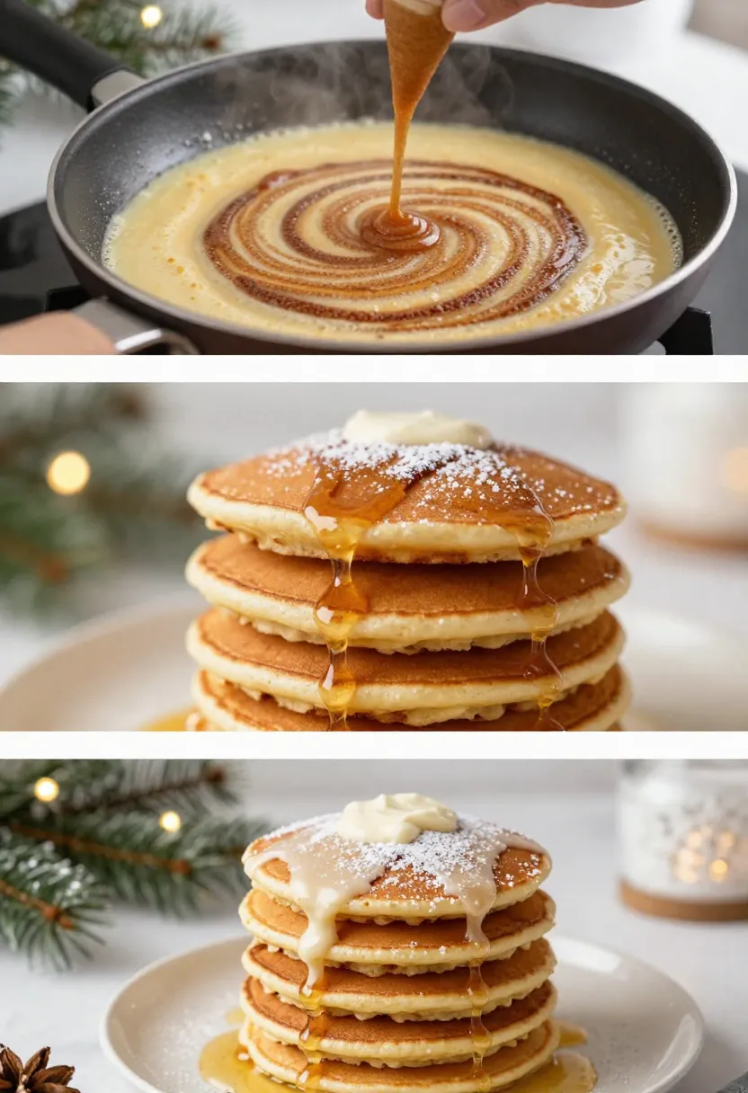 Three-image collage of cinnamon swirl pancakes cooking, stacked with glaze, and served in a festive holiday setting.