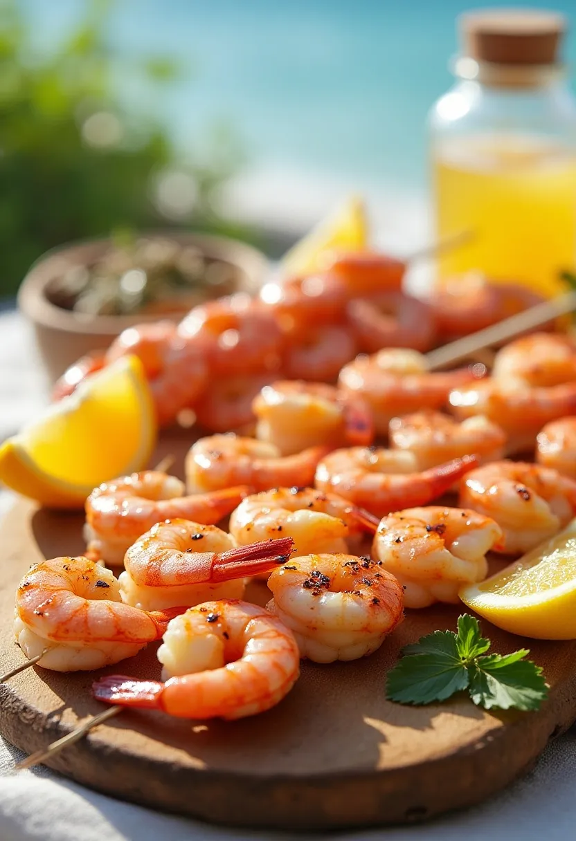 Grilled citrus-marinated shrimp skewers with lemon and herbs in a summer coastal setting.