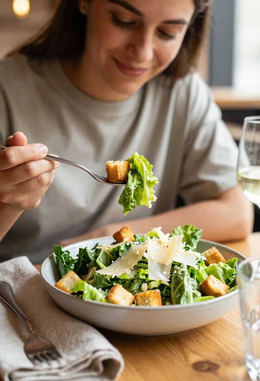 Collage of classic, chicken, shrimp, and grilled Caesar salad variations.