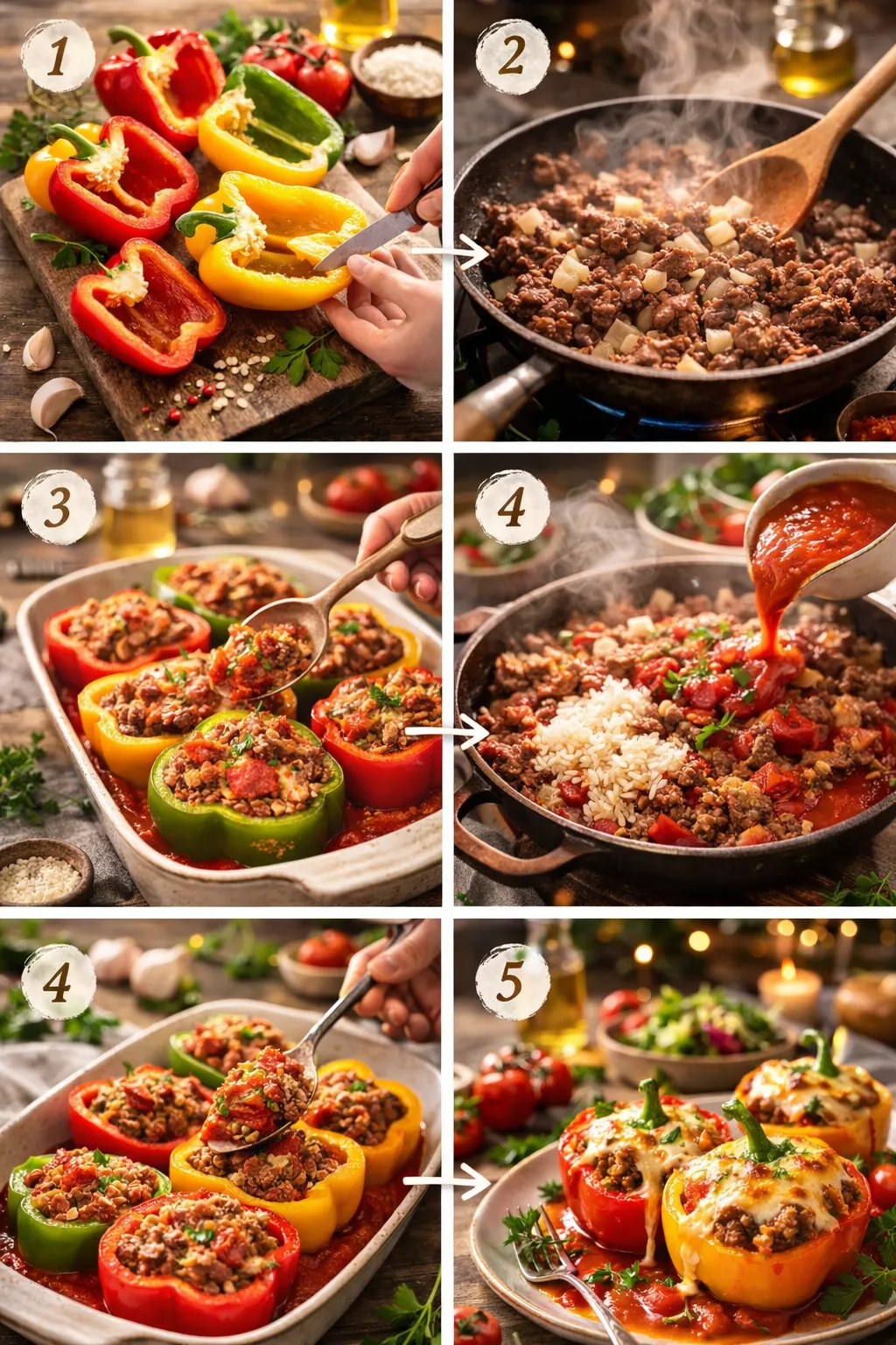 Step-by-step collage of preparing and baking classic stuffed bell peppers.