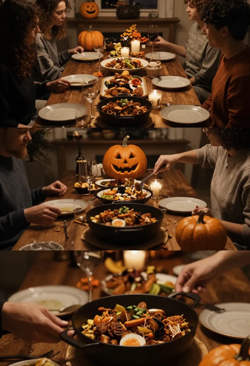 Halloween main dish collage with cozy meals and family-style serving