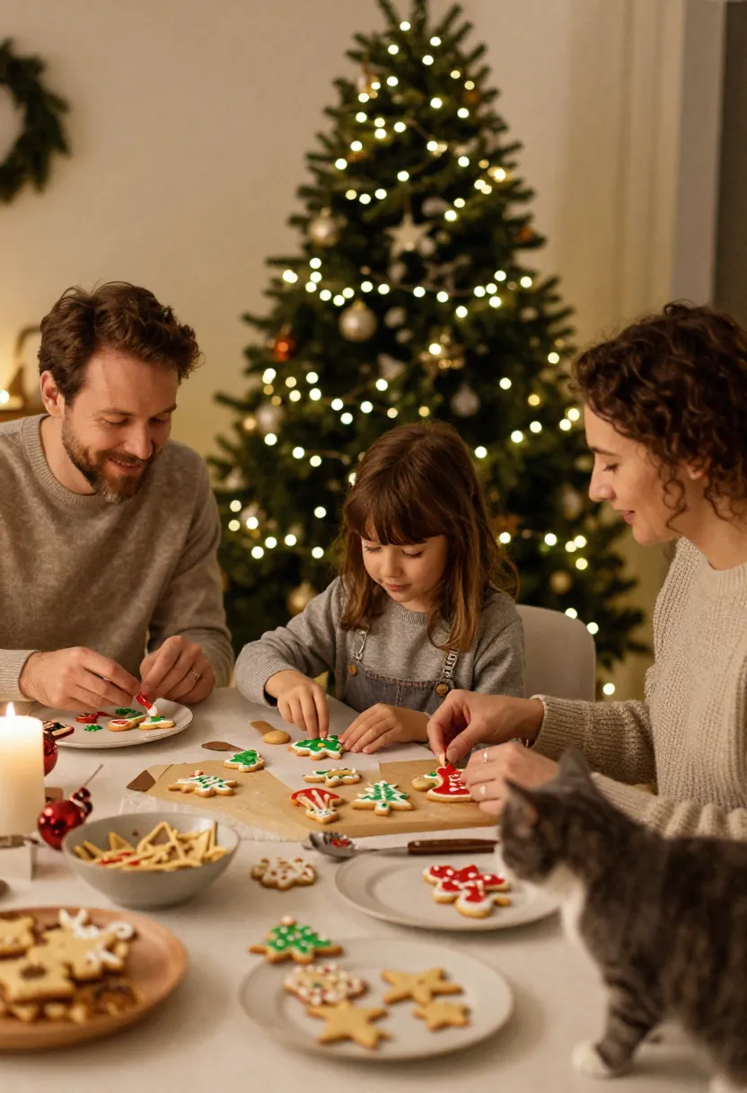 Family decorating Christmas cookies together with festive lights and a playful cat nearby.