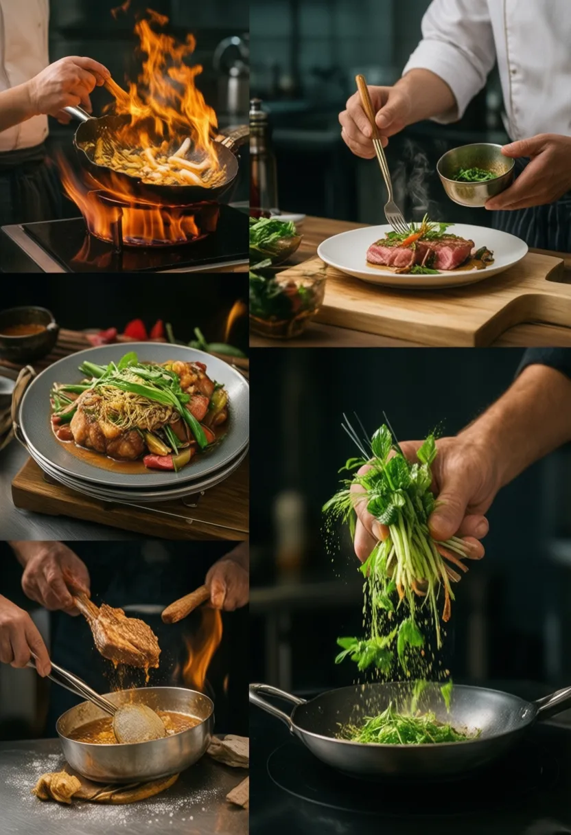 Culinary collage showing professional cooking techniques in a restaurant kitchen