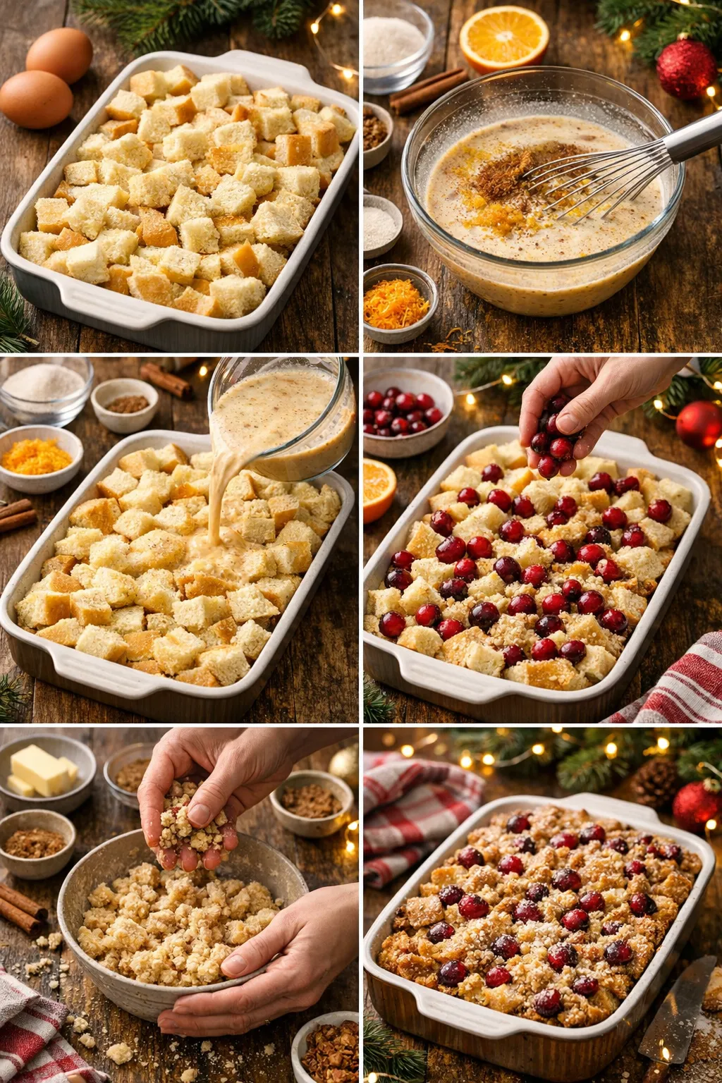Step-by-step collage of cranberry orange French toast bake preparation process.