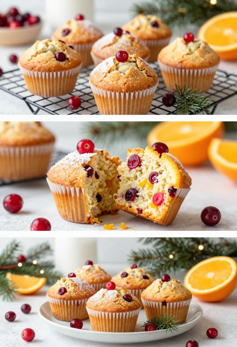Three-image collage of cranberry orange muffins fresh from the oven, split open, and styled on a festive holiday table.