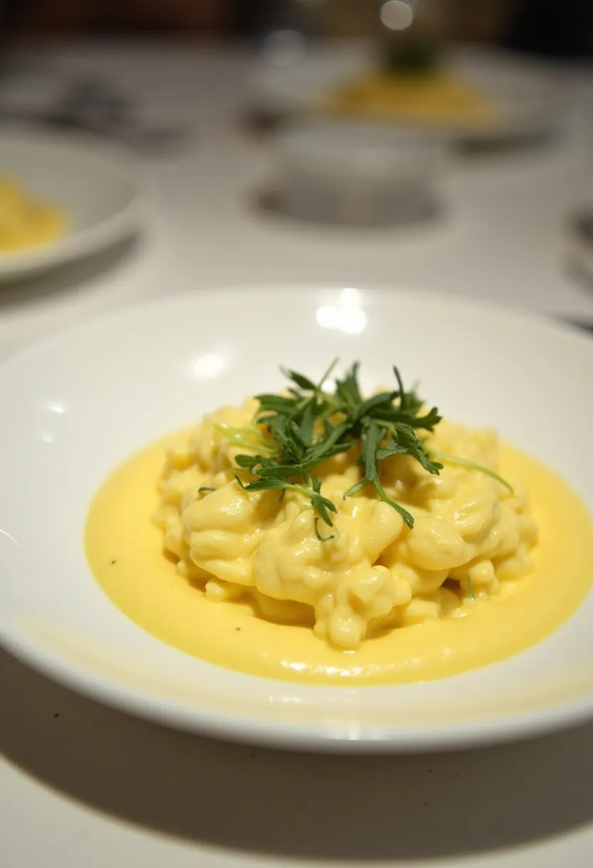 Restaurant-style creamy scrambled eggs garnished with fresh herbs