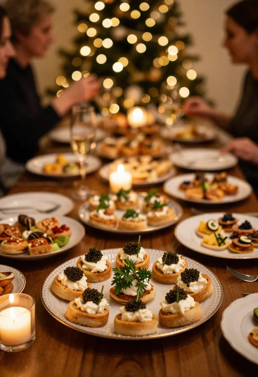 Caviar blinis in focus on festive New Year’s Eve table with many appetizers