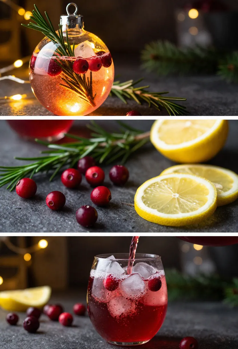 Winter cocktail collage with cranberries, rosemary, lemon slices, and sparkling cranberry gin drink in clear ornament under warm festive lights.