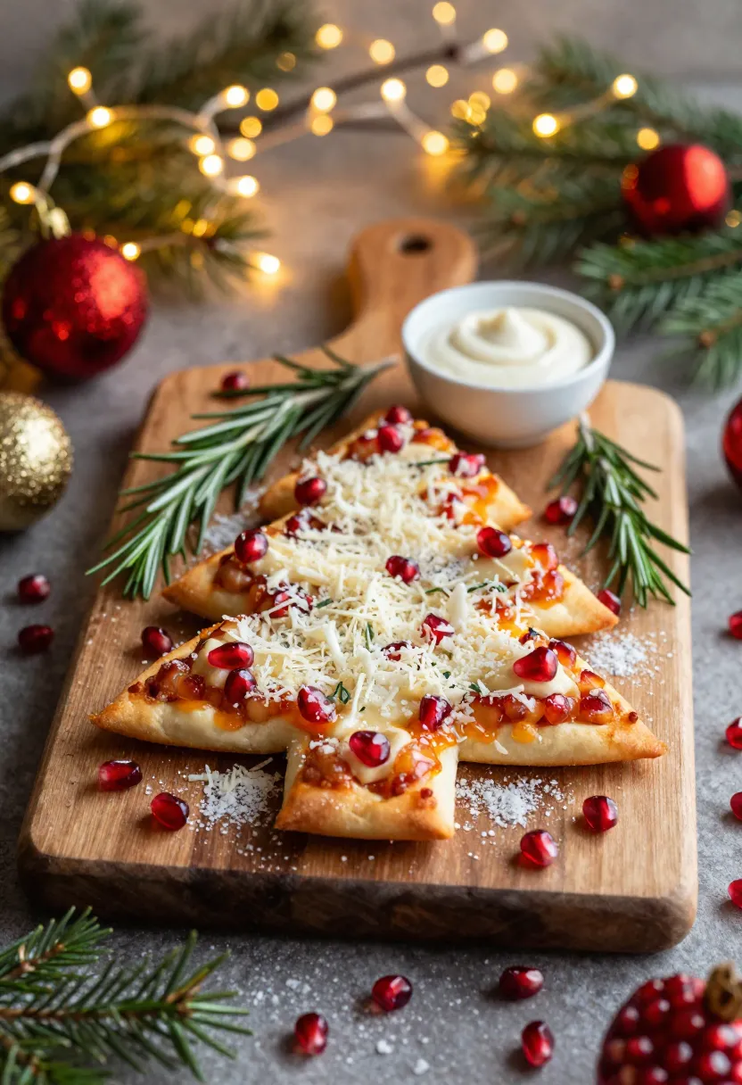 Christmas tree mini pizzas served on a wooden board with rosemary, festive lights, and holiday decorations.