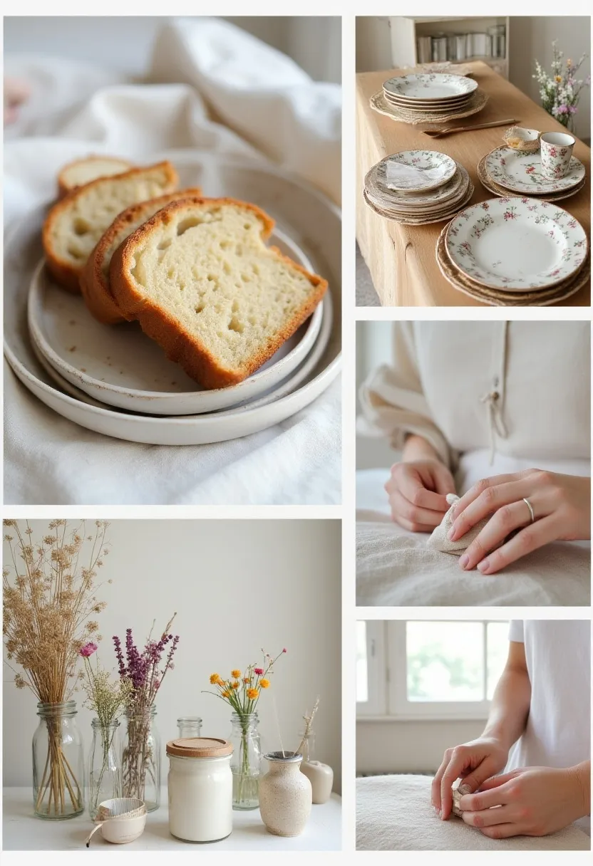 Cozy cottagecore collage with sunlight, candles, books, and soft linens