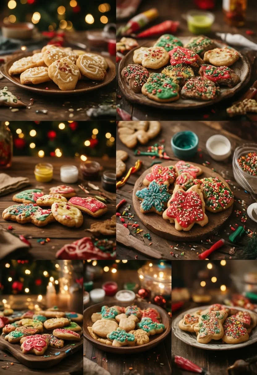 Christmas cookie decorating collage with colorful icing, playful designs, and festive holiday lights.