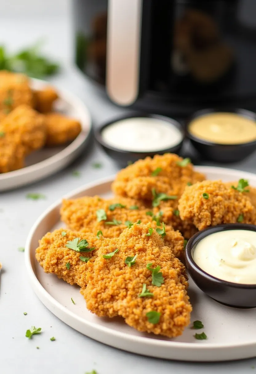 Crispy chicken tenders with dipping sauces next to an air fryer