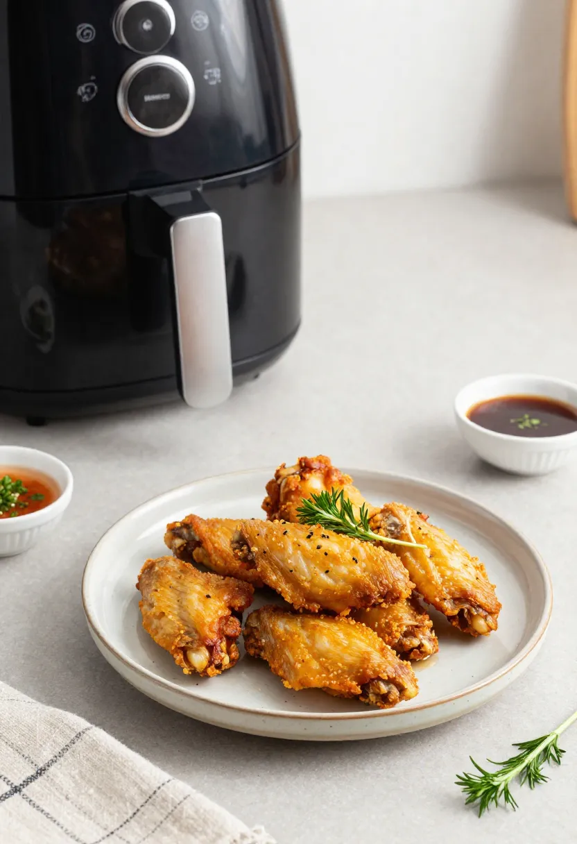 Crispy chicken wings with herbs and sauces next to an air fryer