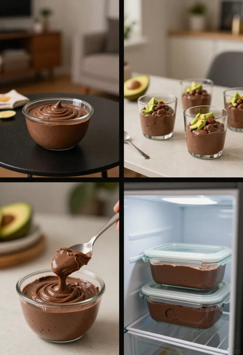 Collage of chocolate avocado mousse served at home, for guests, and stored in the fridge.