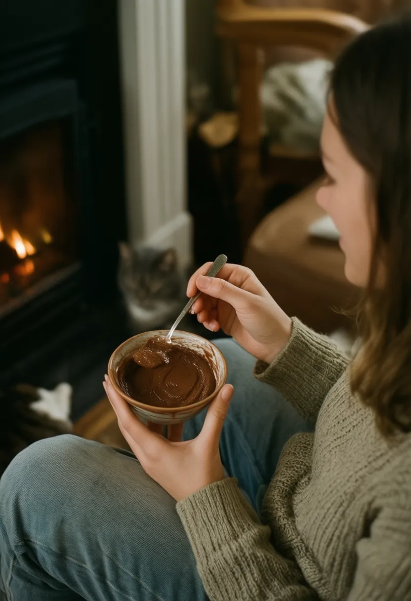 Person enjoying chocolate avocado mousse at home with a cat by the fireplace.