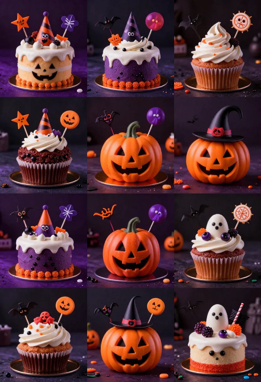 Halloween dessert collage with bold colors and playful, over-the-top designs