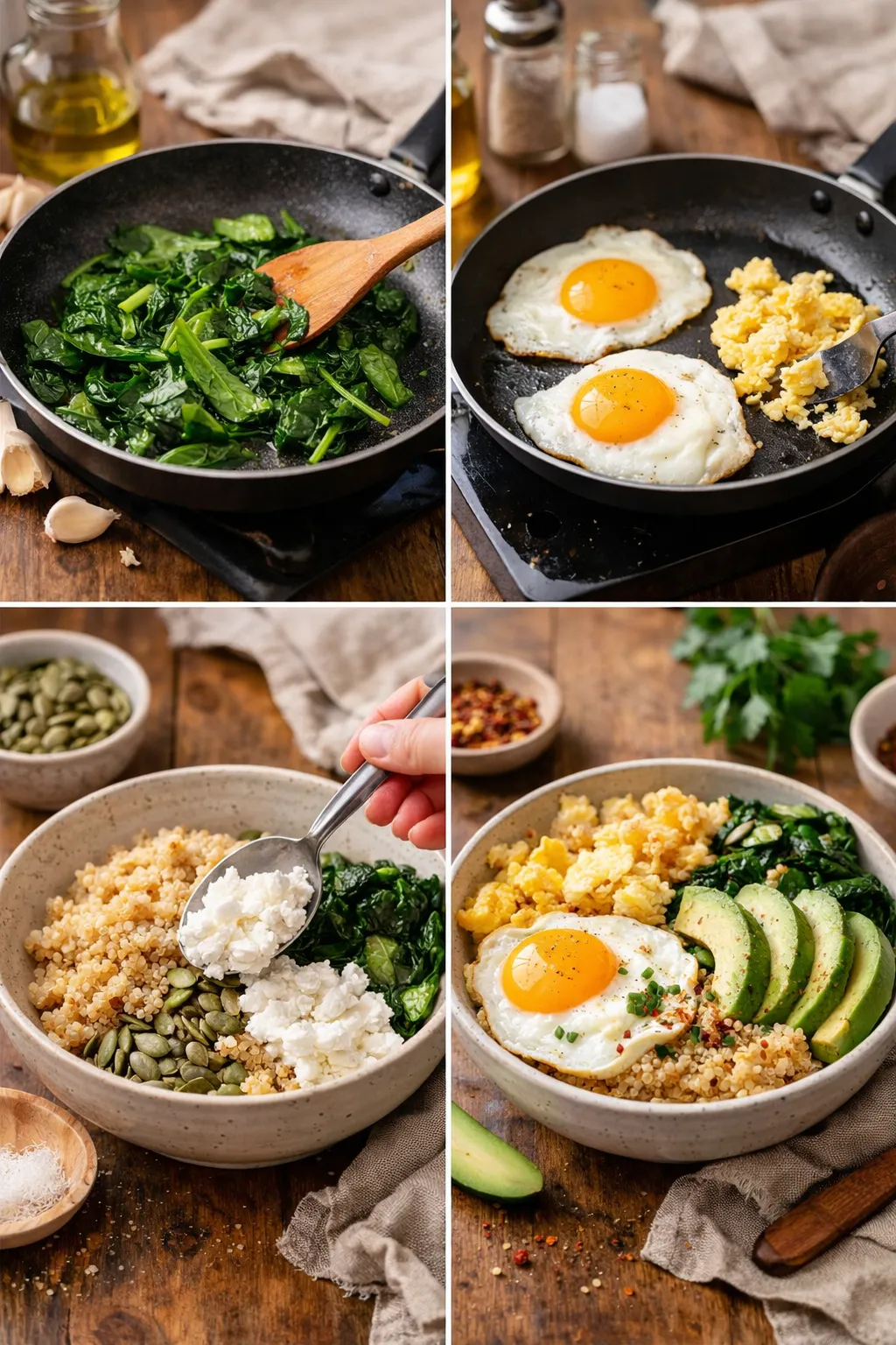 Collage showing step-by-step preparation of a savory high-protein breakfast bowl