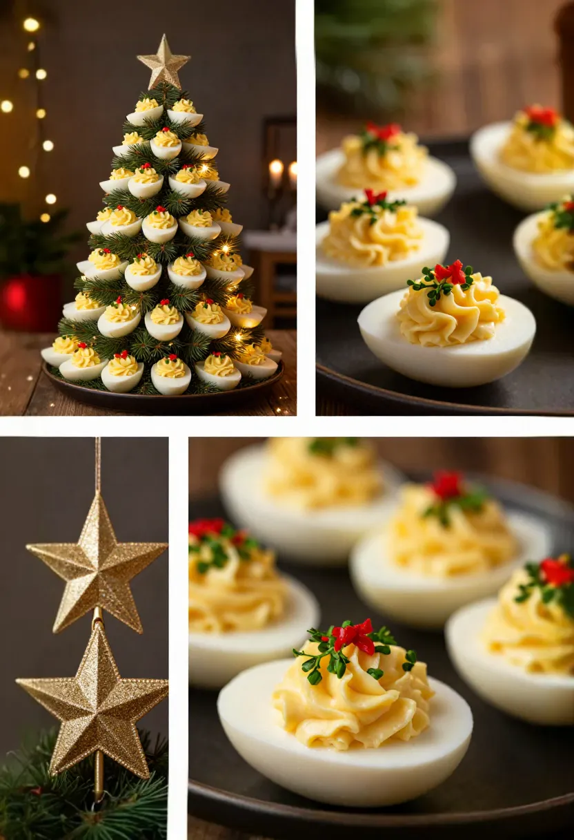 Christmas deviled egg tree collage with festive decorations and warm lights.