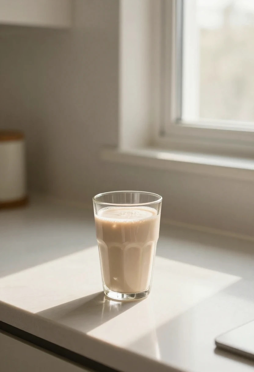 Diet shake on a kitchen counter in soft morning light