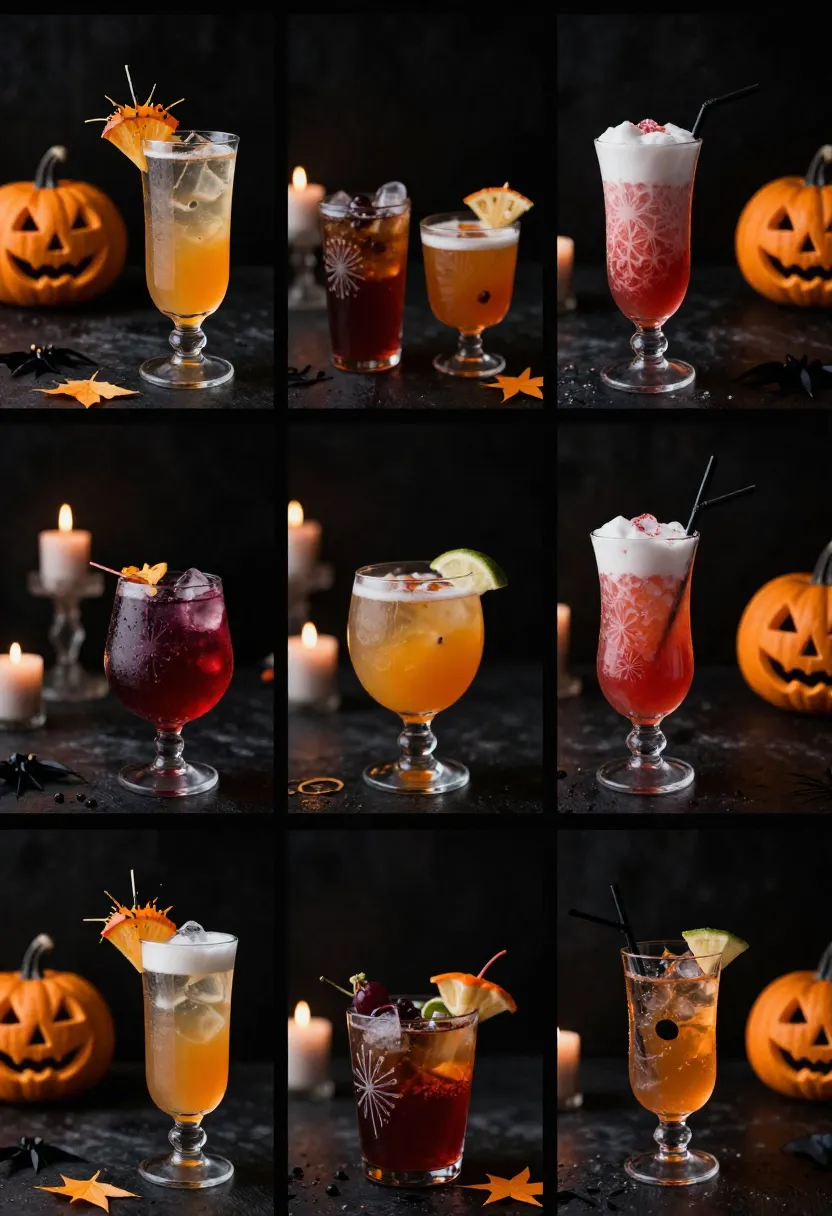 Halloween drinks collage with themed beverages and moody festive atmosphere