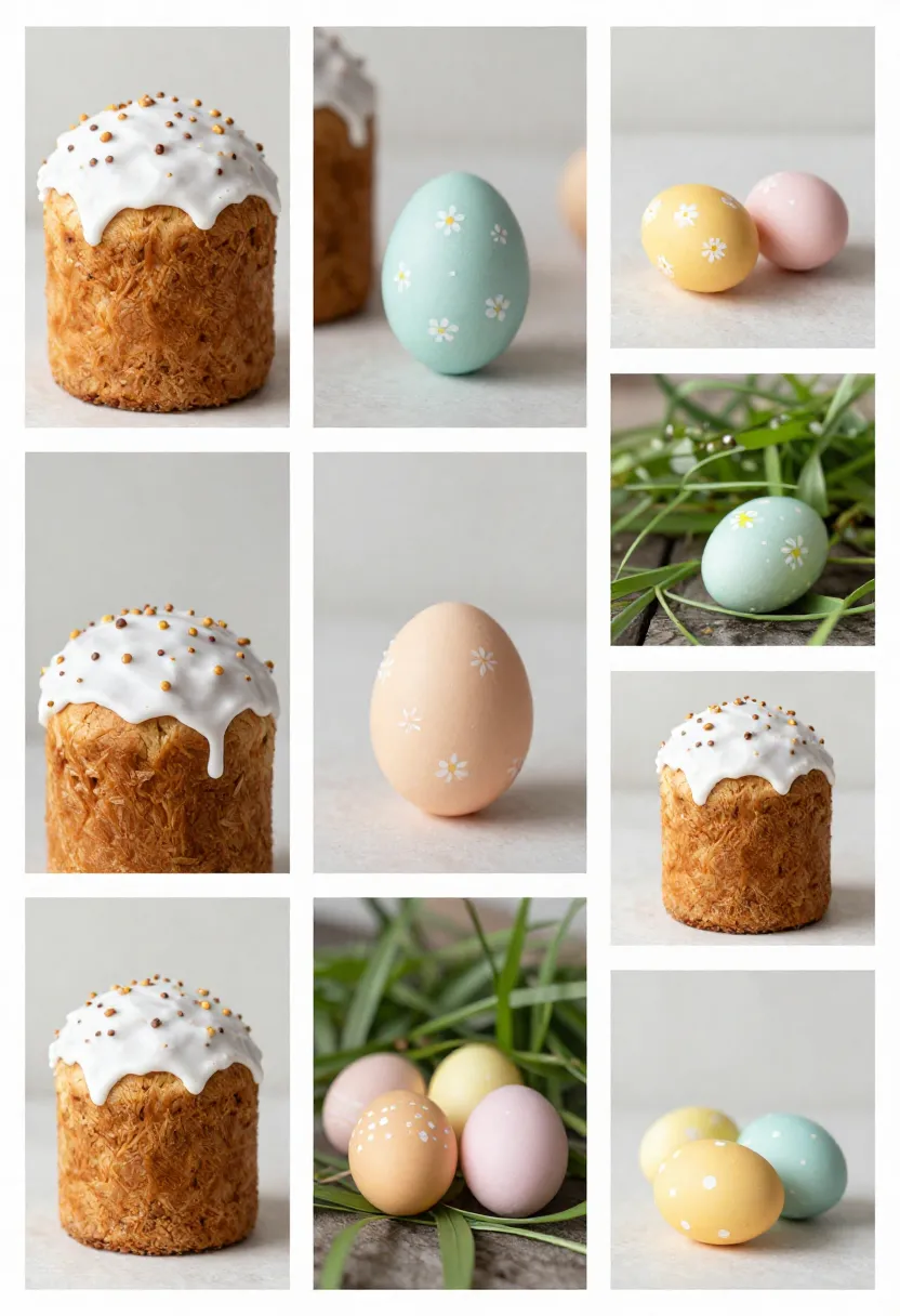 Easter collage with kulich and decorated eggs in a calm spring atmosphere