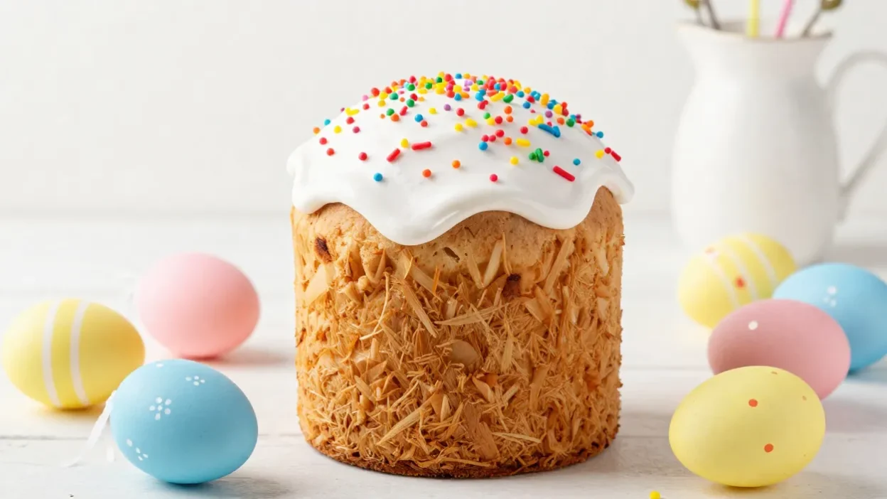 Easter kulich with icing and decorated eggs in a bright festive composition