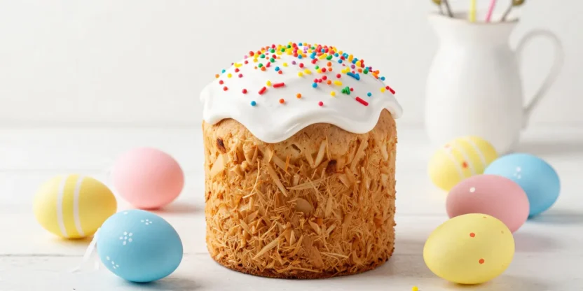 Easter kulich with icing and decorated eggs in a bright festive composition