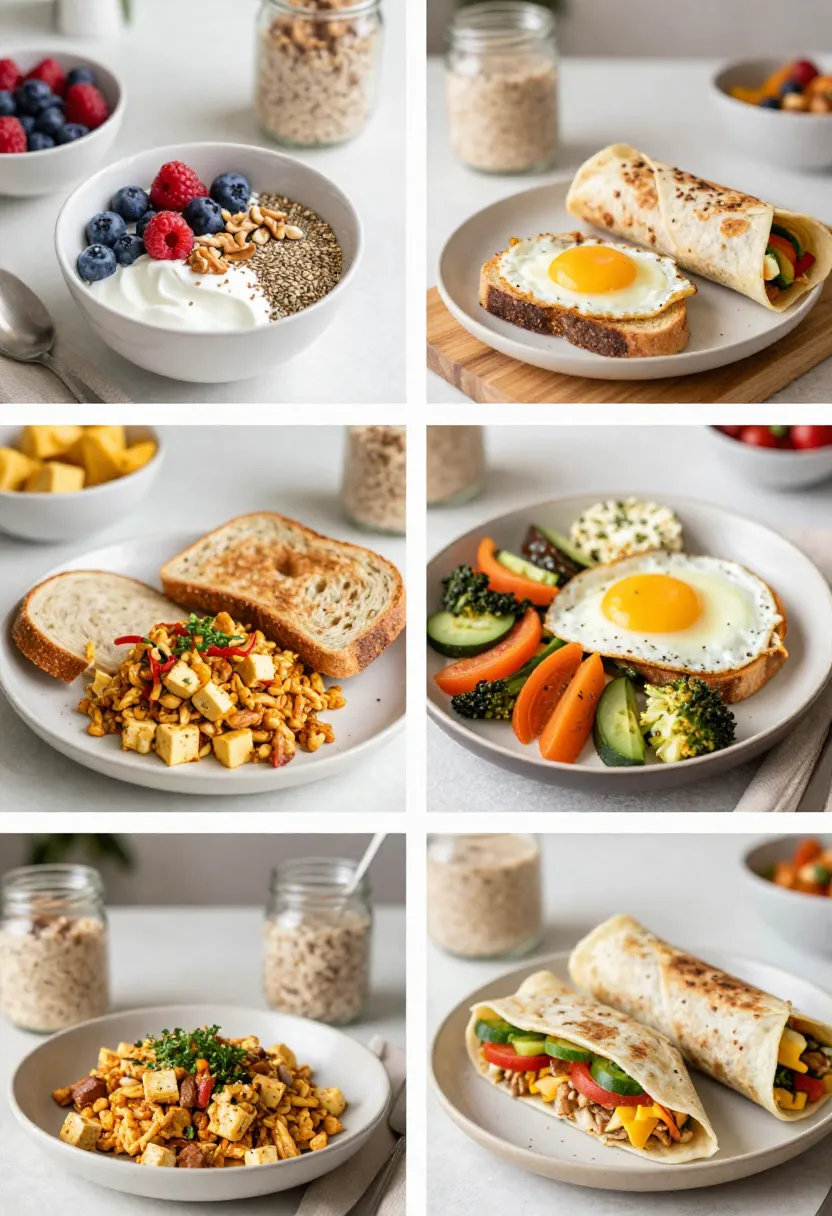 Collage of high-protein breakfast ideas including yogurt bowls, eggs, and plant-based meals