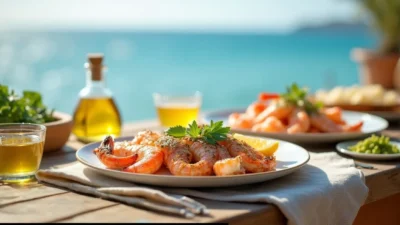 Bright coastal table with fresh seafood dishes, lemon, herbs, and ocean view in the background.