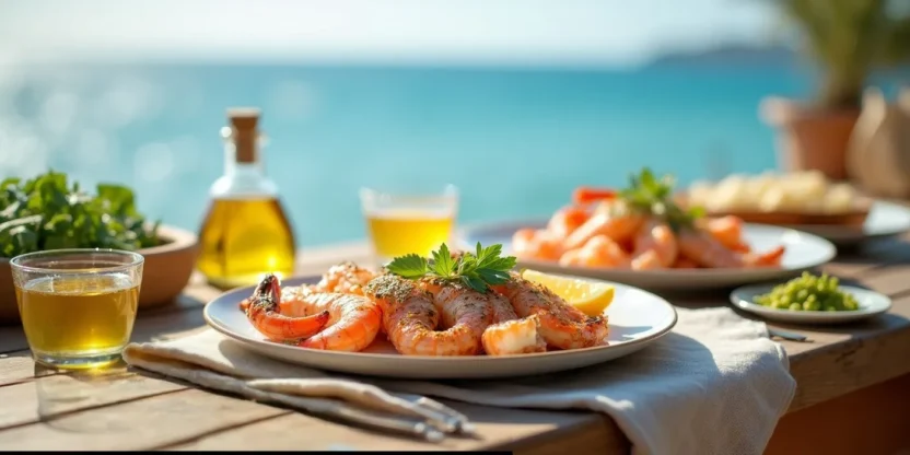 Bright coastal table with fresh seafood dishes, lemon, herbs, and ocean view in the background.