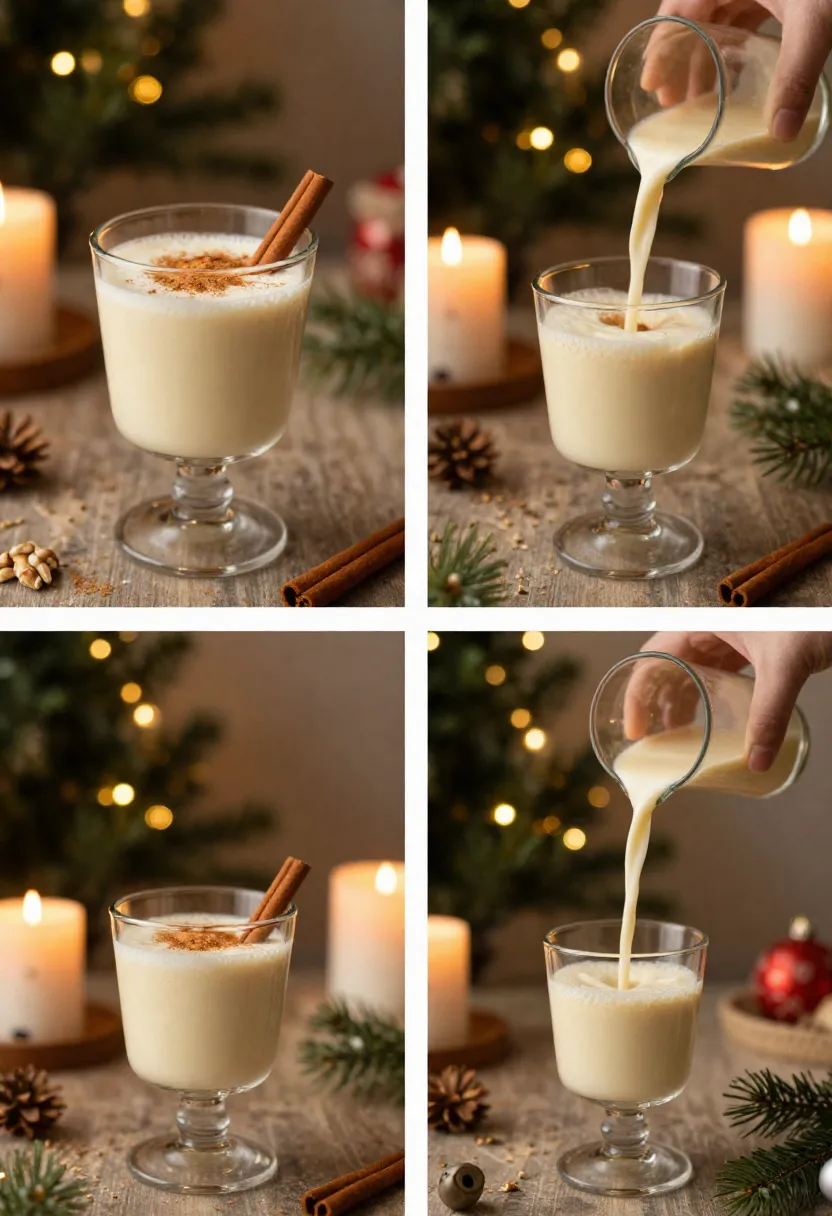Creamy eggnog served in festive glasses with New Year holiday decor