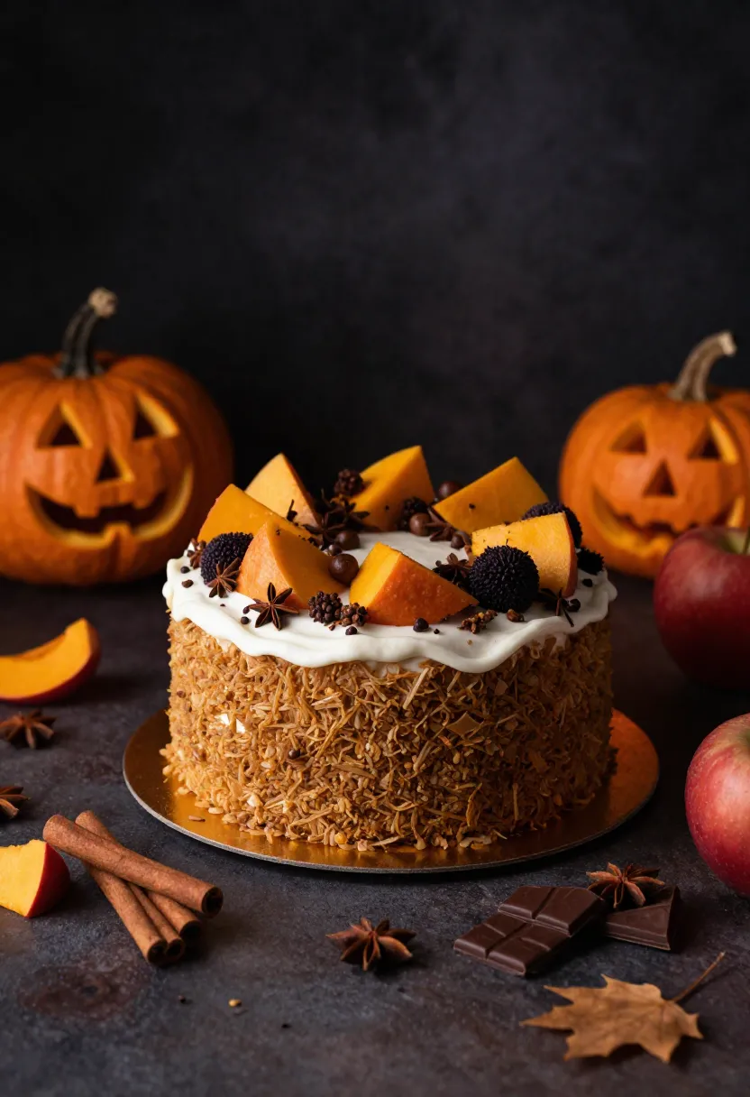Halloween cake with pumpkin, spices, and chocolate on a dark autumn background