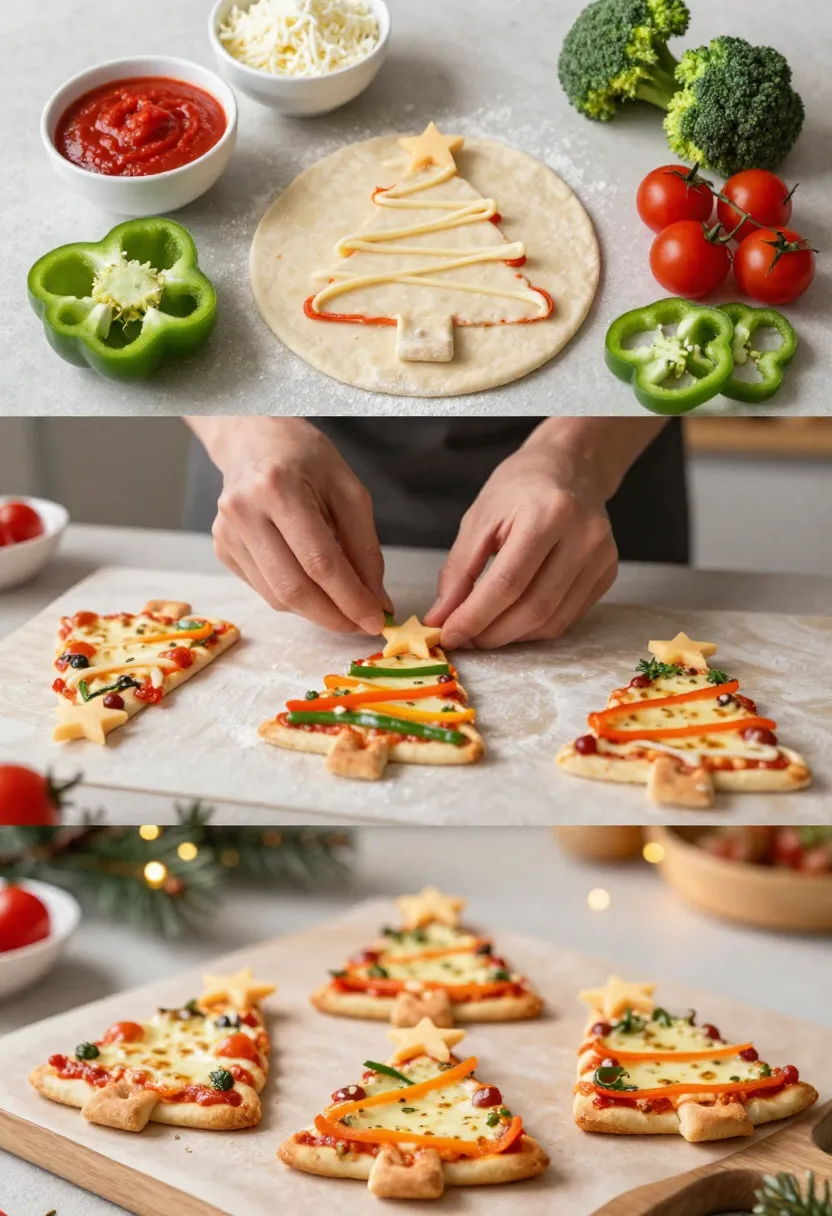Collage showing simple ingredients, decorating mini pizza trees, and freshly baked Christmas tree pizzas with melted cheese.