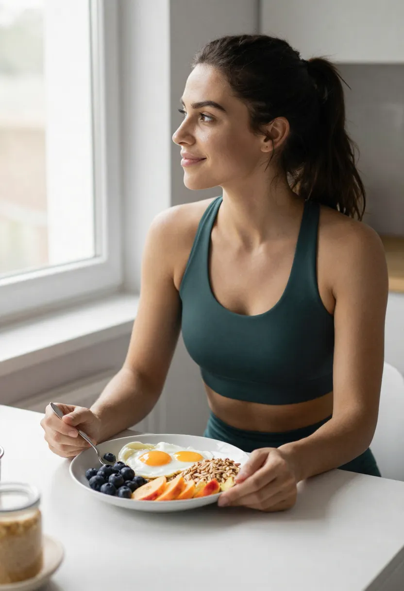 Female athlete enjoying a healthy high-protein breakfast in a bright morning setting