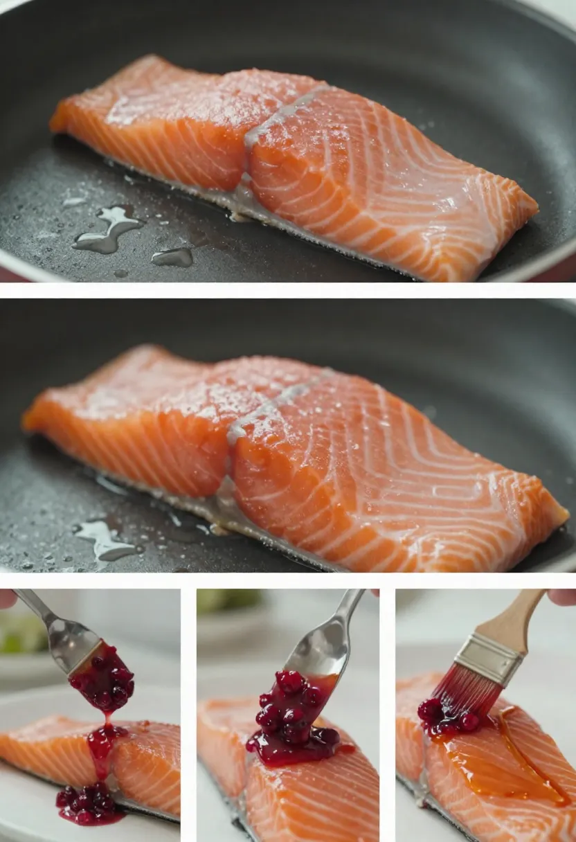 Cooking details collage showing salmon doneness and cranberry-orange glaze