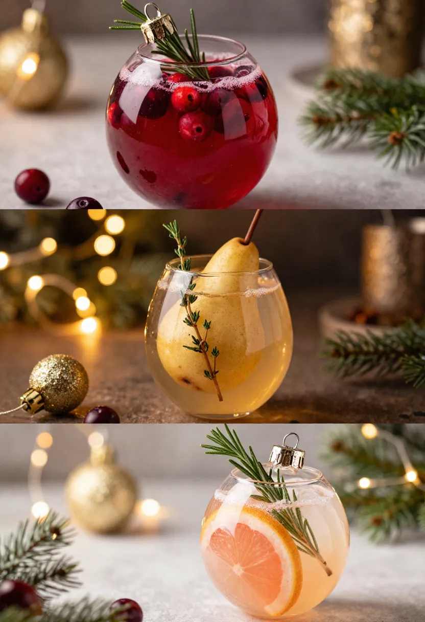 Three ornament cocktails in different colors — cranberry red, golden pear, and pink grapefruit — displayed under warm festive lights.