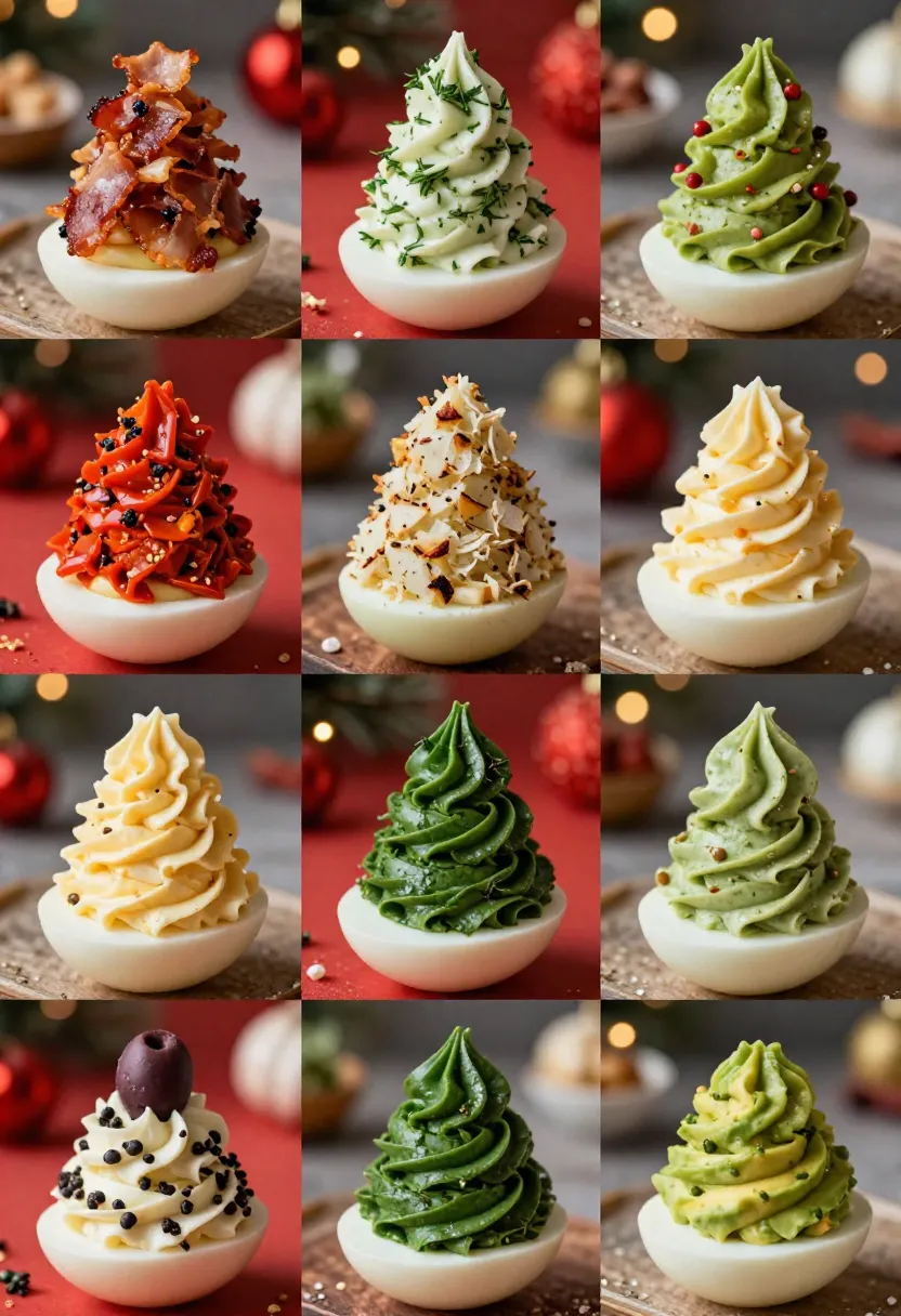 Collage of flavored deviled egg variations styled for Christmas.