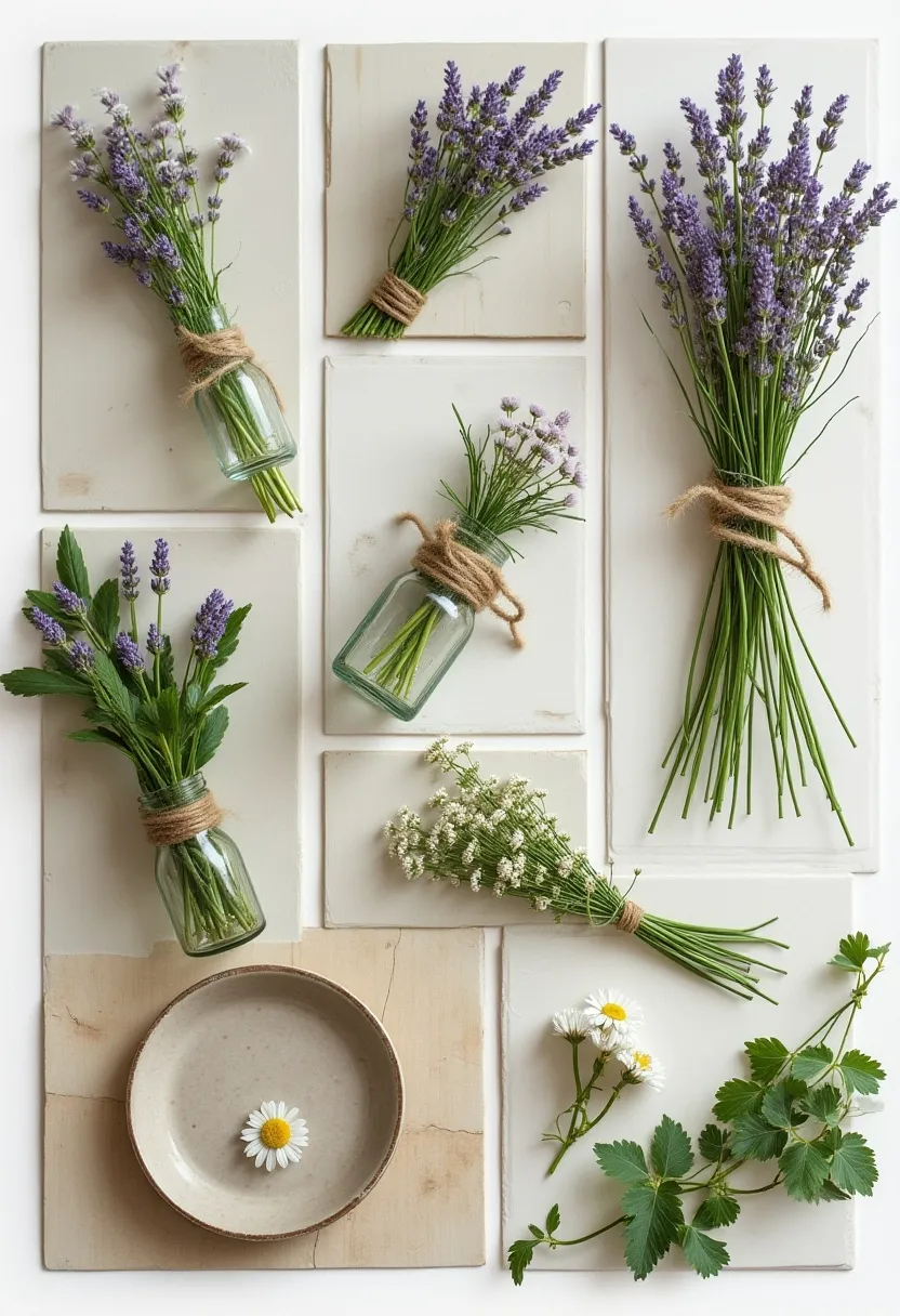 Cottagecore flower collage with wildflowers, herbs, and natural light
