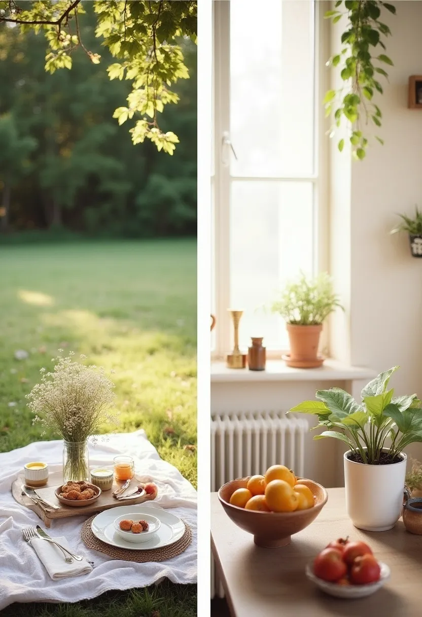 Cottagecore brunch collage showing indoor and outdoor calm spaces
