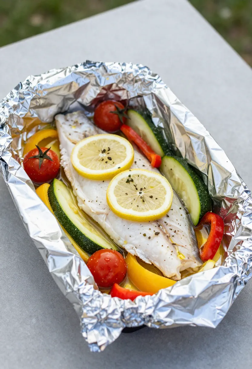 Foil packet fish with lemon, herbs, and vegetables cooked outdoors